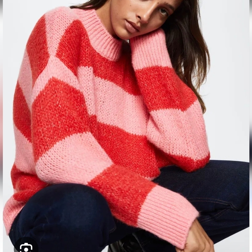 MANGO Oversized Stripe High Neck  Sweater